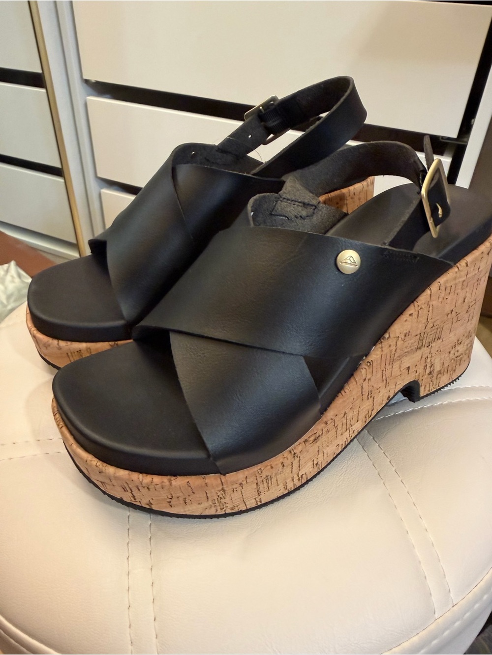 REEF Sunset Rosa Black Cork Platform Wedge Sandals Size 7 NWT